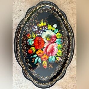 Zhostovo Patterns Small Serving TRAY Hand Painted, Stamped, Lacquered Metal 1964